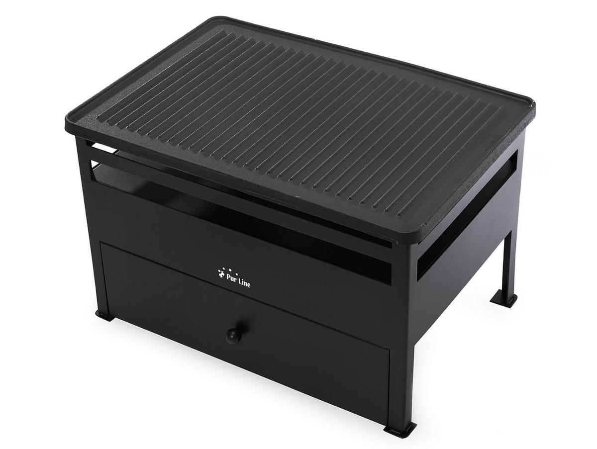BIOETHANOL-GRILL Schwarz inklusive 1.5 L-Tank mit Gusseisen-Plancha - Schwarz, Metall (48/29/33cm) - Purline