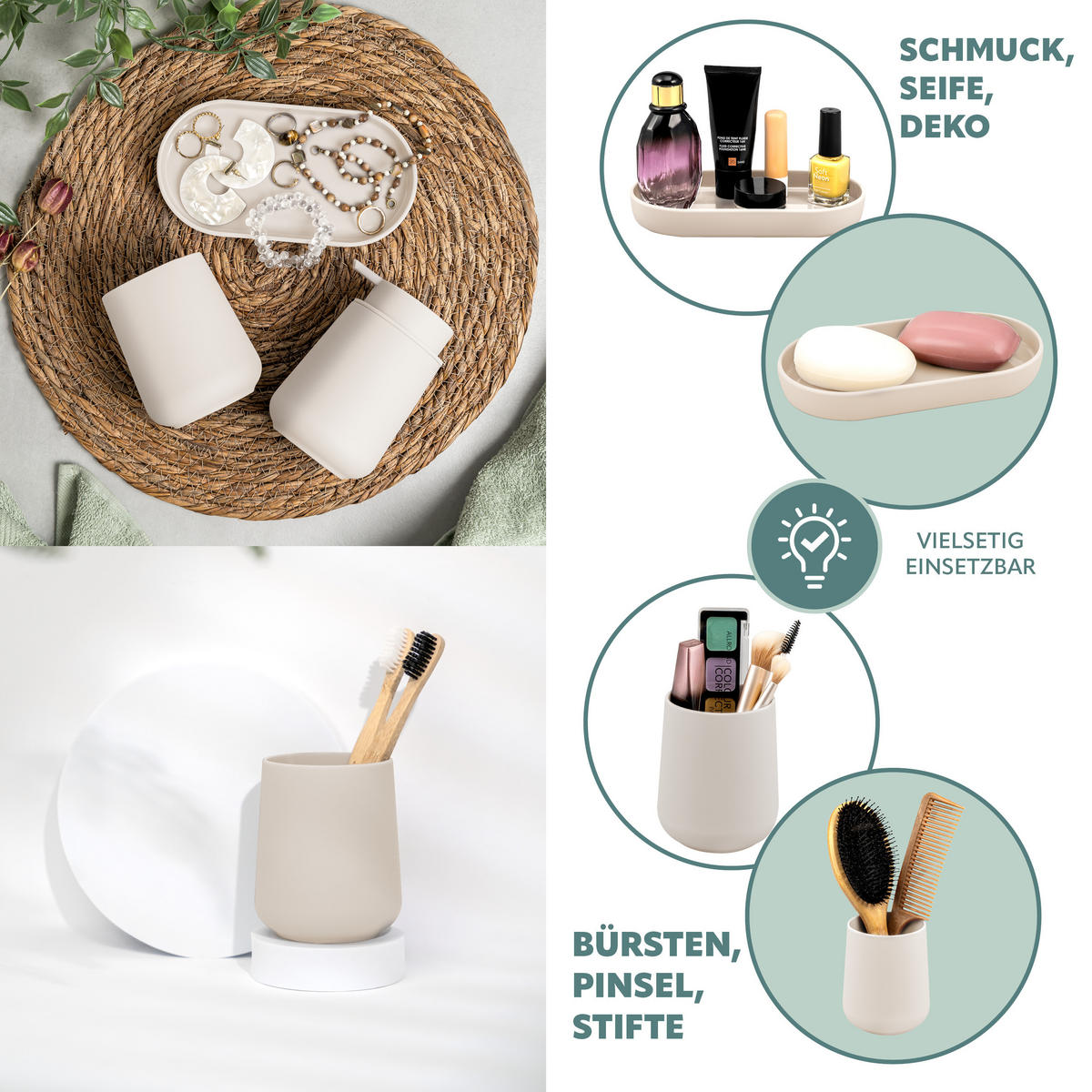 BAD-ACCESSOIRES-SET TESERO, Soft-Touch, beige - Beige, Kunststoff (18.5/13.5/10cm) - eluno