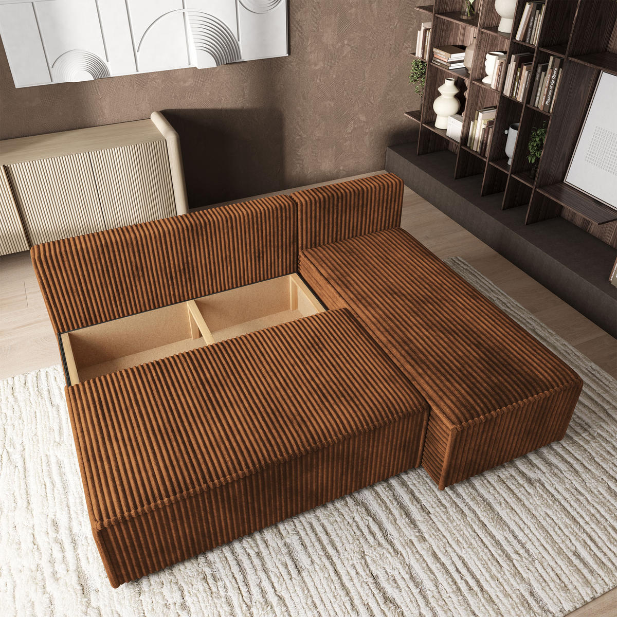 ROHOVÁ SEDAČKA BRISO měděná - šedá/měděná, dřevo/textil (200/140cm) - MASSENO