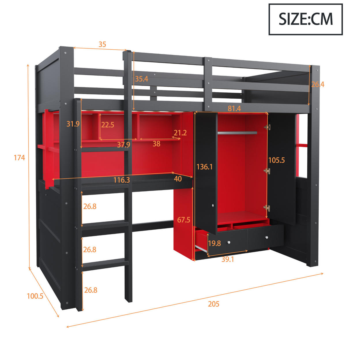 HOCHBETT 90/200 cm aus Holz mit Leiter und Tisch, Schwarz-Rot - Schwarz, Holz (90/200cm) - OKMYHOME