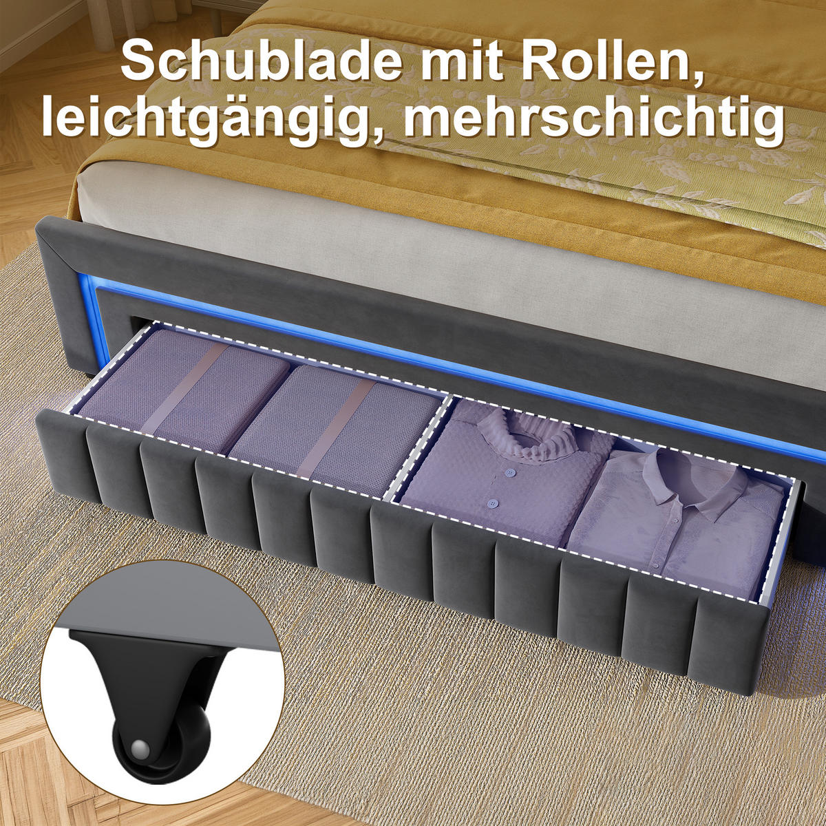 POLSTERBETT 180/200 cm in Grau, mit Bettkasten und Schubladen , mit LED, ohne Matratze - Grau, Holzwerkstoff/Textil (180/200cm) - WISHDOR