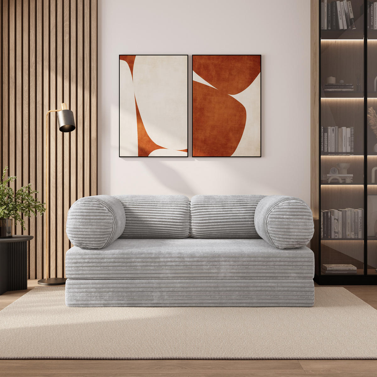 BETTSOFA ALVIO aus Schaumstoff Cordstoff Hellgrau Schlaffunktion - Grau, Textil (170/68/80cm) - MASSENO