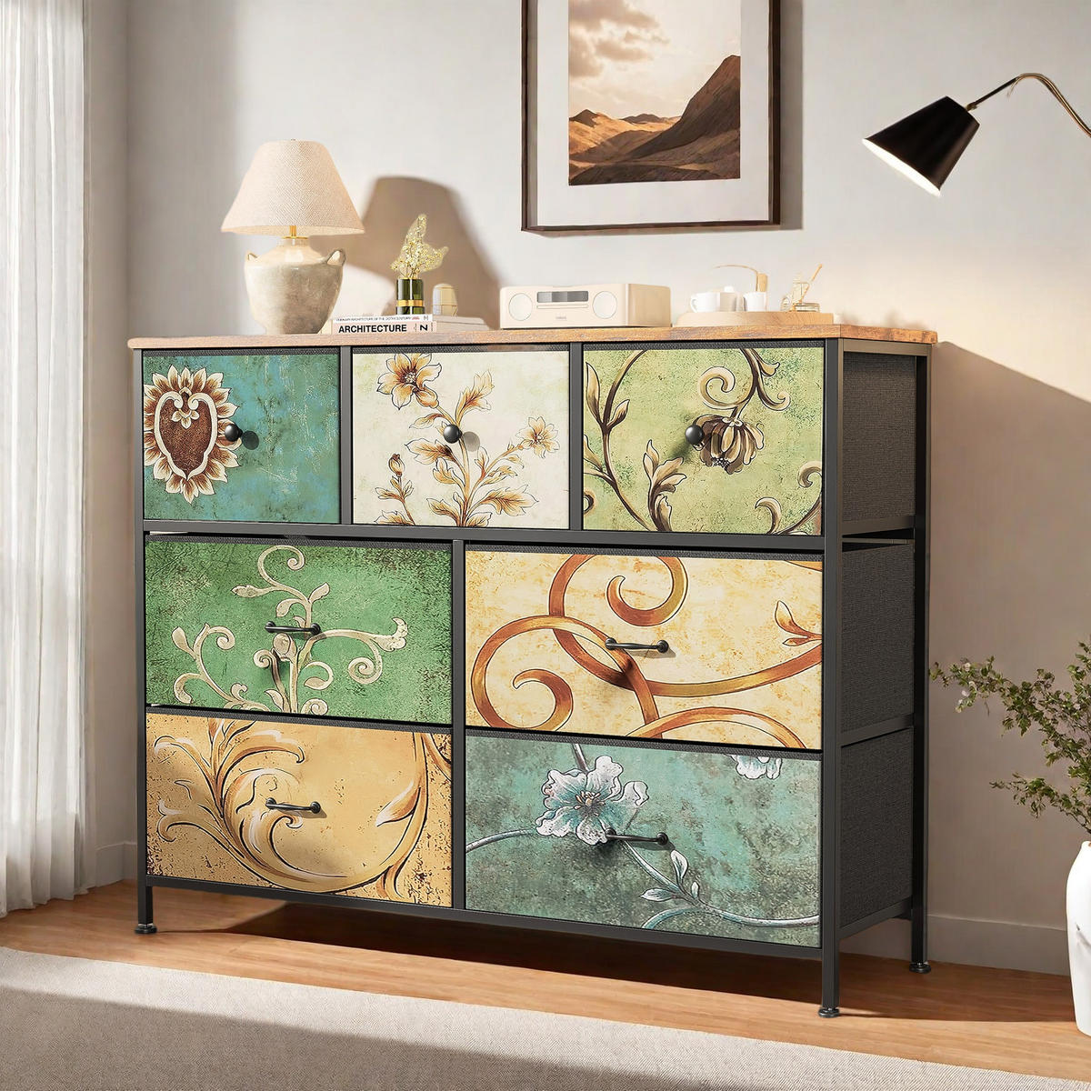 KOMMODE mit 7 Schubladen, Schminktisch mit Holzplatte, Metallgestell - Multicolor, Holz (30/78/100cm)