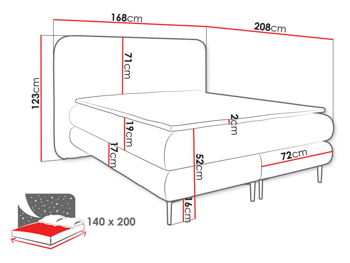 BOXBETT Amaretto - H3 - Goldfarben/Grau, Holz/Textil (140/200cm) - MIRJAN24