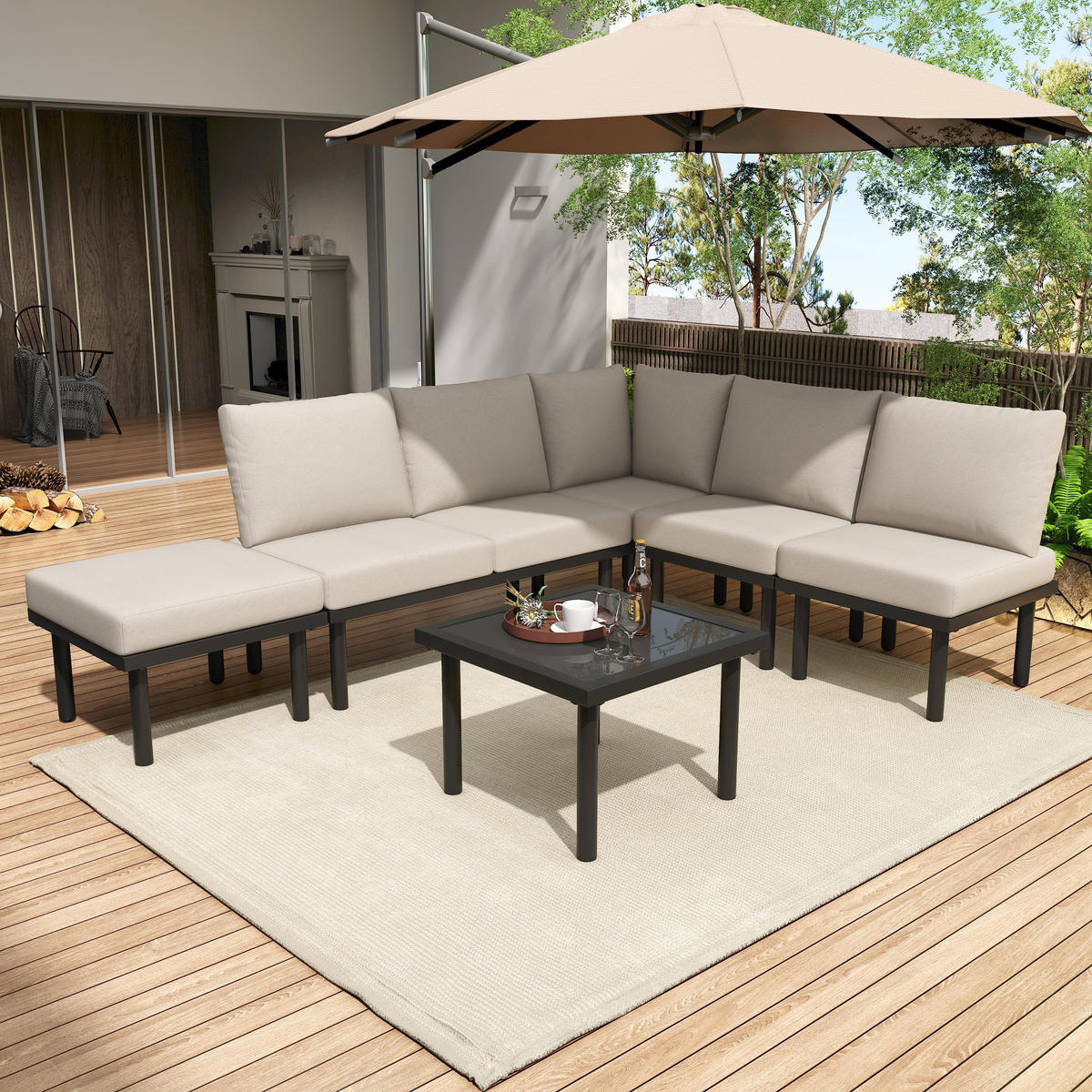 GARTENSET 231x174x66cm beige aus Stahl und Olefin, verstellbar - Beige, Metall - Modfu