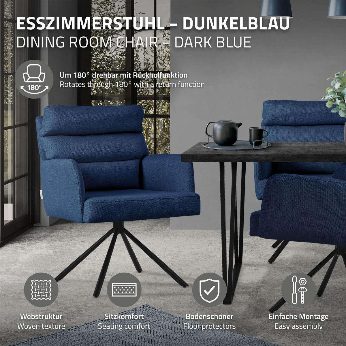 ESSZIMMERSTUHL drehbar Dunkelblau Stoffbezug - Schwarz/Dunkelblau, Textil/Metall (64.5/93/64cm) - ML-DESIGN