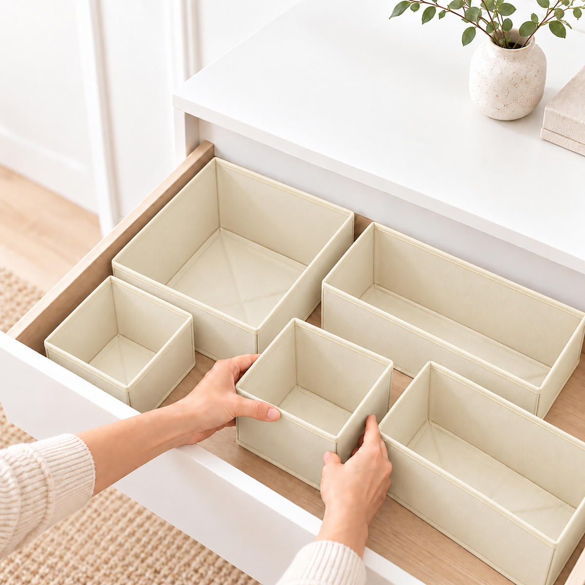 SCHUBLADENORGANIZER Beige 16er-Set - Beige, Papier/Textil (28/12/28cm) - Relaxdays