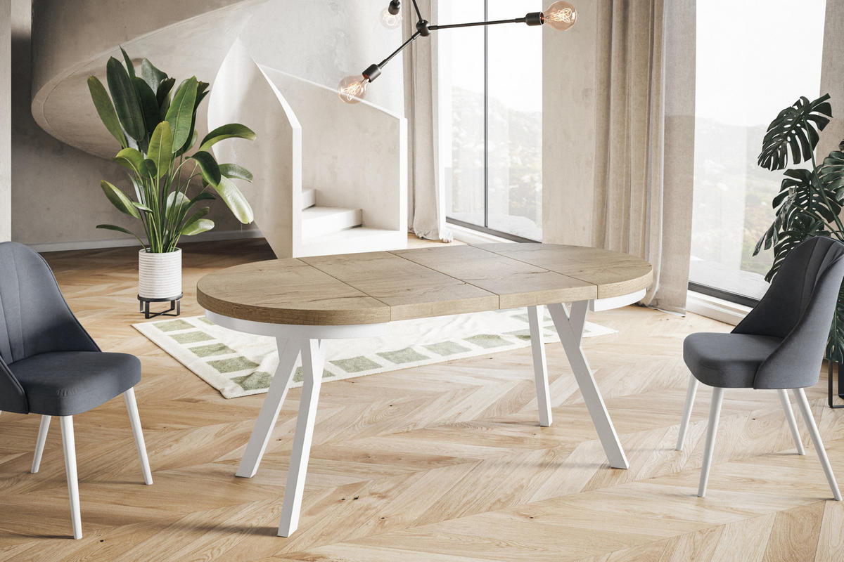ESSZIMMERTISCH EVO, ausziehbarer Tisch 100 cm bis 200 cm, Farbe: HALIFAX, mit Holzbeinen in Farbe Weiß - Weiß/Naturfarben, Holzwerkstoff (100/100/77cm) - Alpi-Möbel