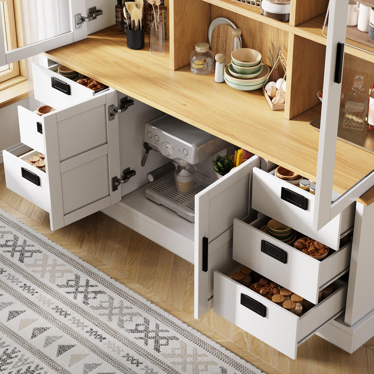 KÜCHENSCHRANK 140x185Cm 6 Schubladen Glastüren - Weiß, Holzwerkstoff (140/185/40cm) - FLIEKS