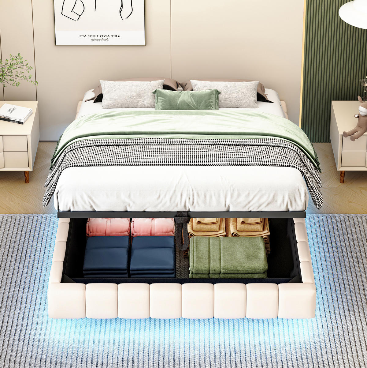 POLSTERBETT mit Stauraum 140x200 cm Beige mit LED - Beige, Metall (140/200cm) - Meubliv