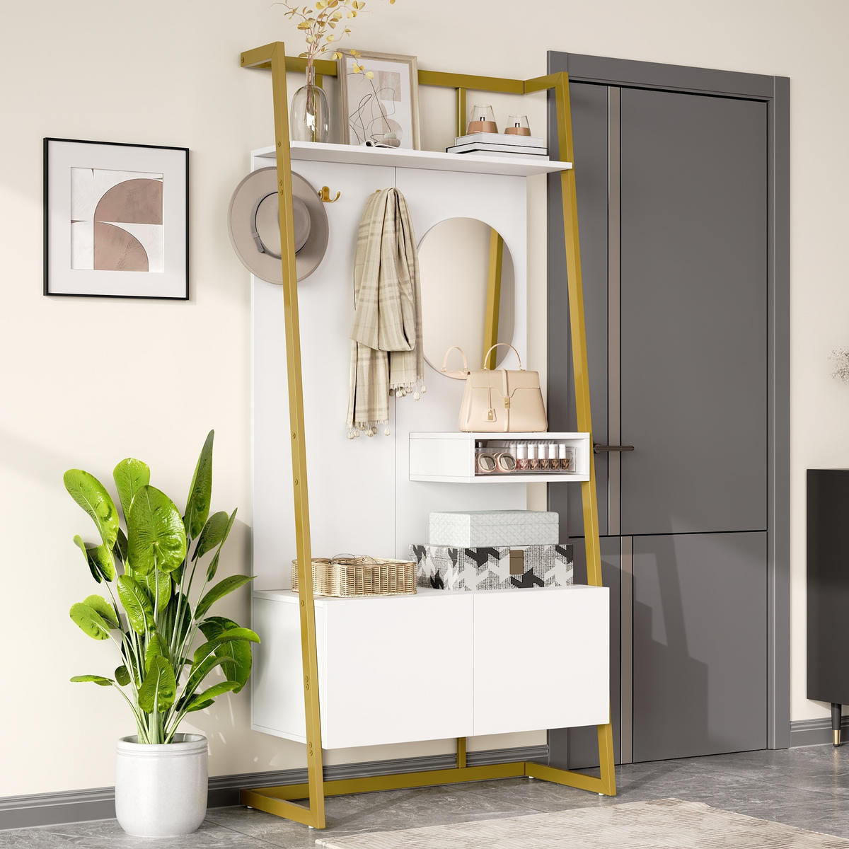 GARDEROBE-SET in Weiß und Gold Flurgarderobe mit Spiegel und Schuhbank für Eingangsbereich und Flur, B78/T38.5/H180.5 cm - Goldfarben/Weiß, Glas/Holzwerkstoff (78/180.5/38.5cm) - STILVORA