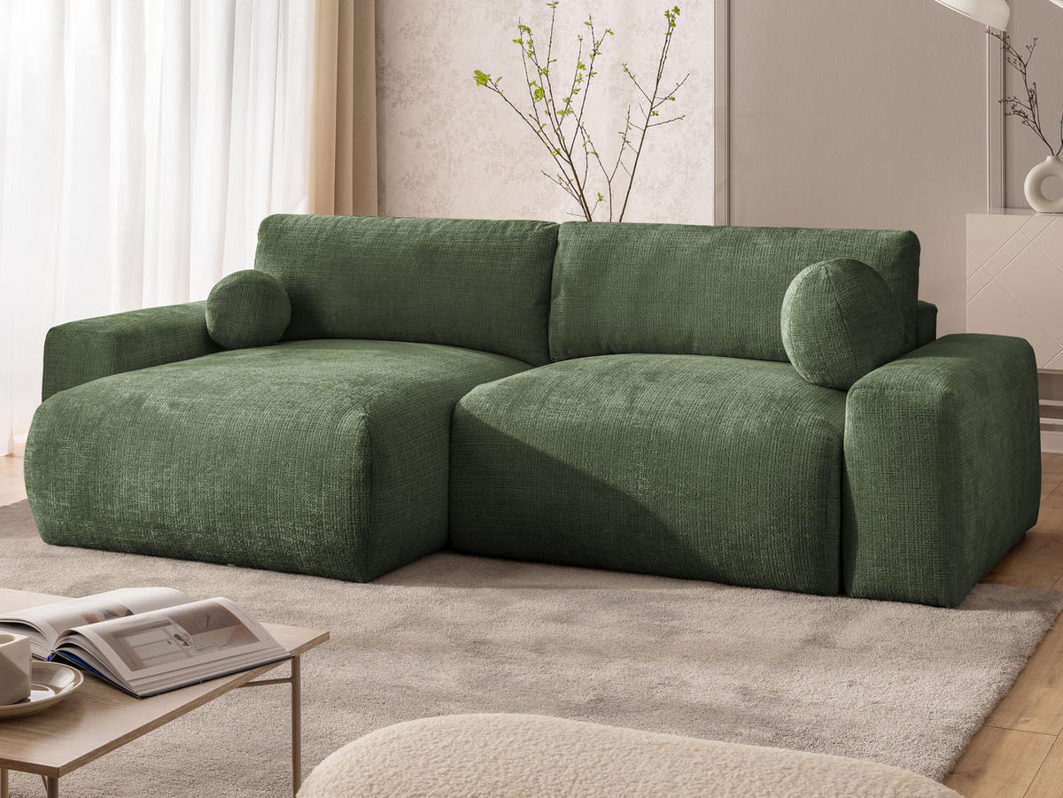 ECKSOFA Puffy mit Schlaffunktion und Bettkasten - besonders weich und puffig aus Grün Chenille-Stoff - Ottomane links - Schwarz/Grün, Holz/Kunststoff (138/266cm) - S-Style Möbel