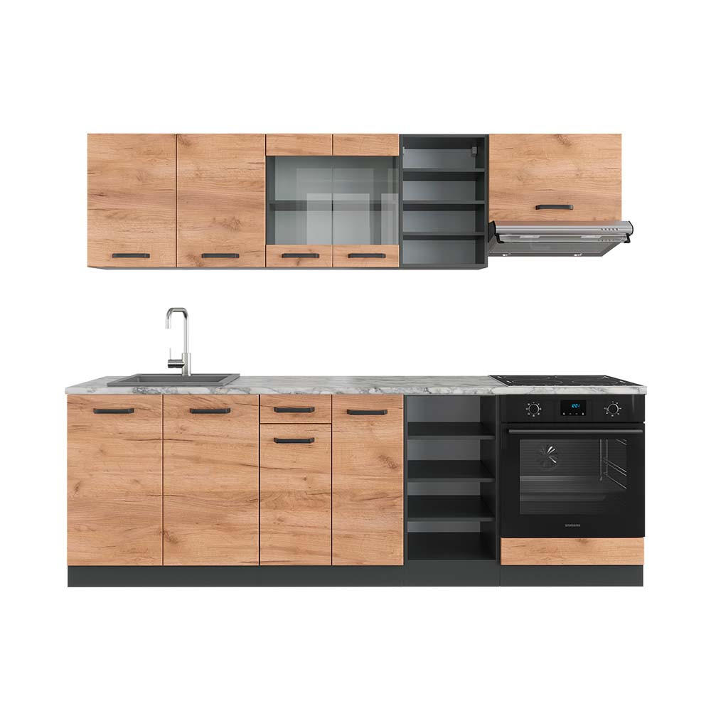 KÜCHENZEILE R-Line Goldkraft Eiche/Anthrazit 240 cm, AP Marmor - Honigeiche/Anthrazit, Holzwerkstoff (240/81.6/60cm) - Vicco