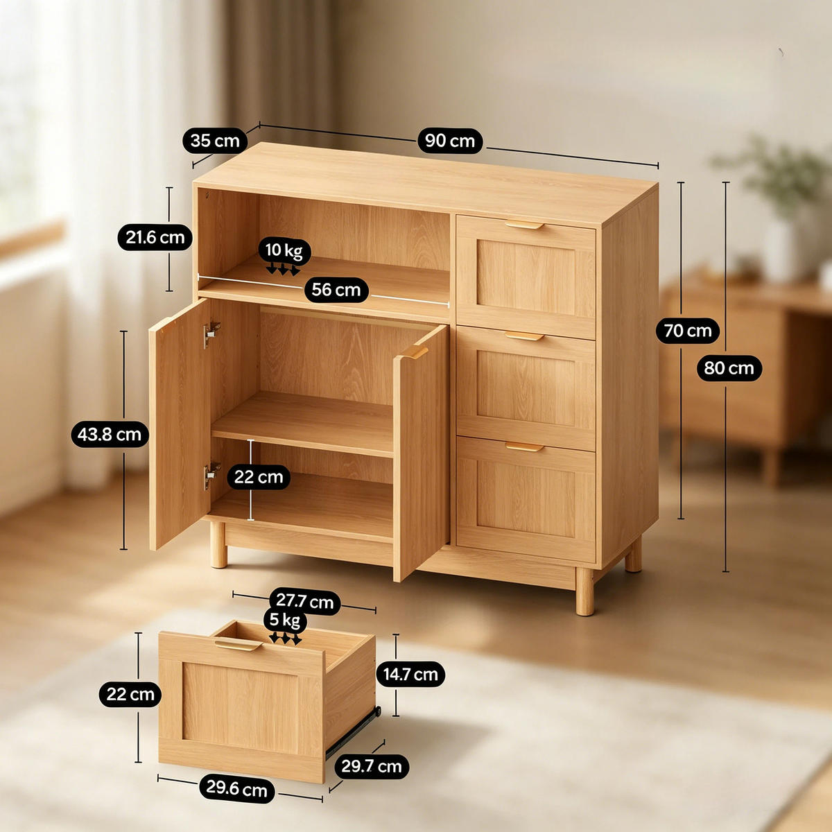 ANRICHTE Holzfarben 90/35/80 cm - Naturfarben, Holz (90/80/35cm) - PANGIVO