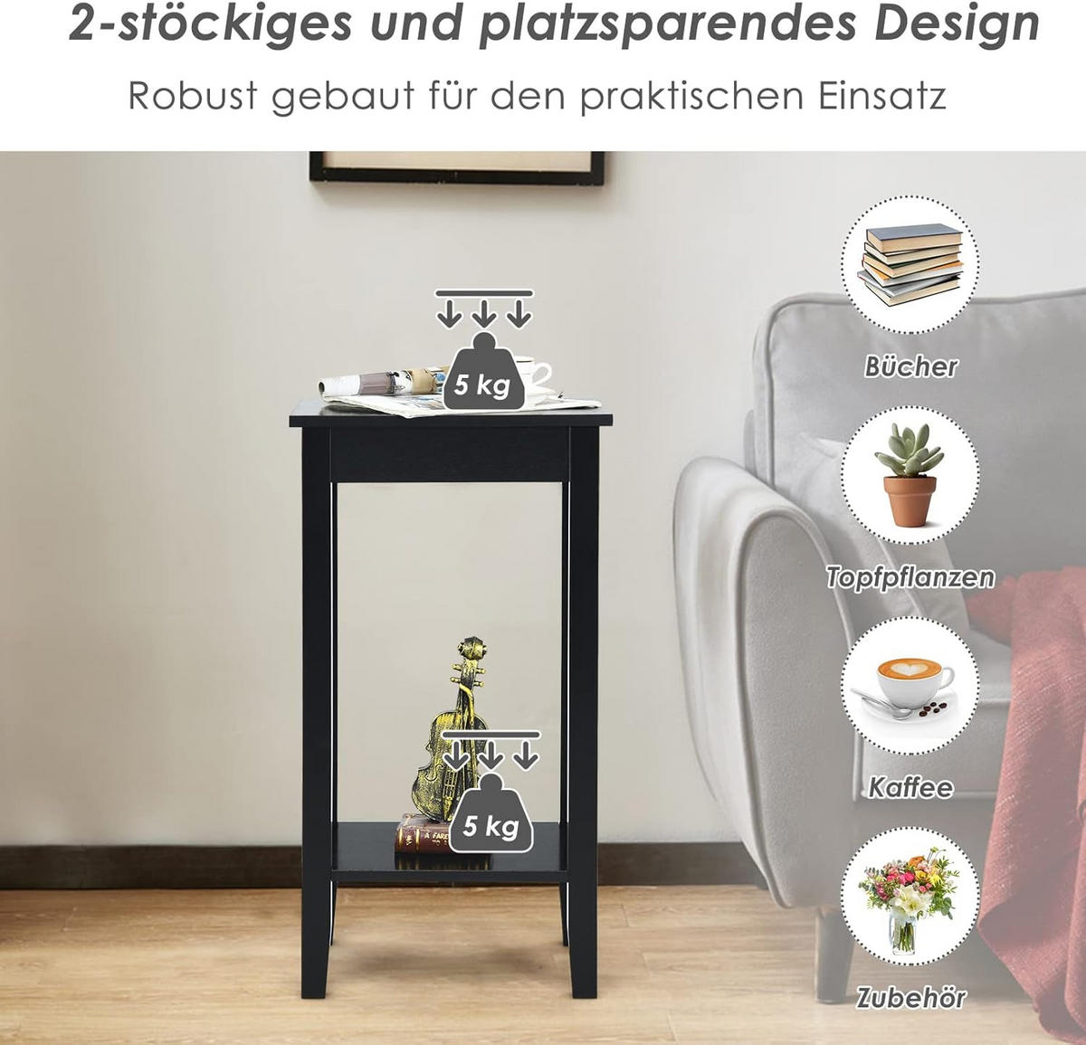 BEISTELLTISCH 74cm Schwarz - Schwarz, Holz (40/30/74cm) - COSTWAY