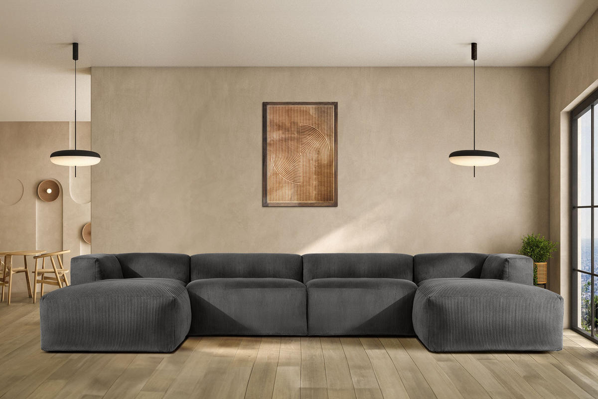 PANORAMA-ECKSOFA BUFFO 7/8 Sitzer mit extrem weicher Sitzfläche, Kordstoff, grau - Grau, Textil (424/73/180cm) - KONSIMO®