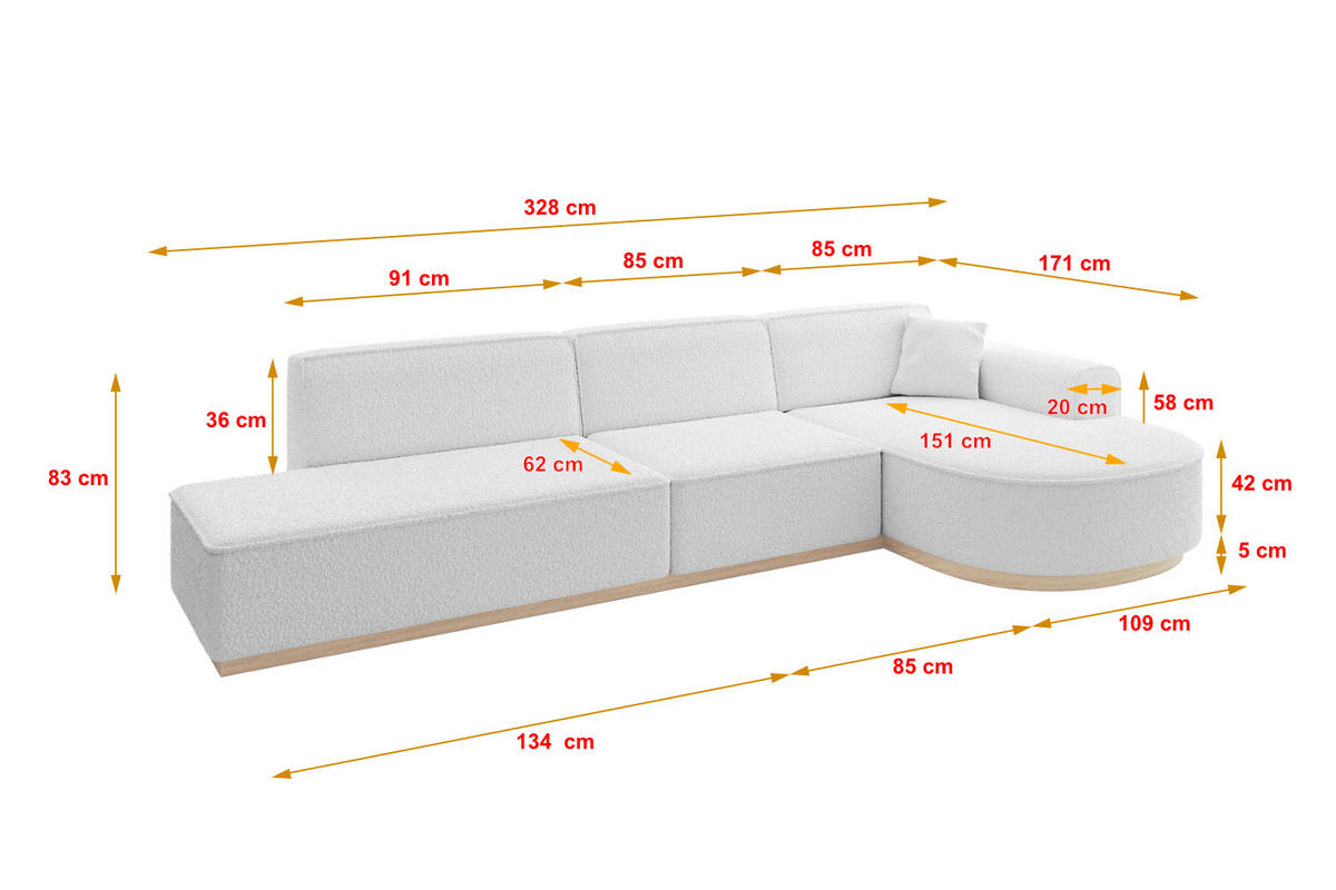 ECKSOFA Ottomane Rechts ARRIO-L2 - 328x171x83 cm Weiß - Weiß, Holzwerkstoff/Textil (328/171cm) - ALTDECOR