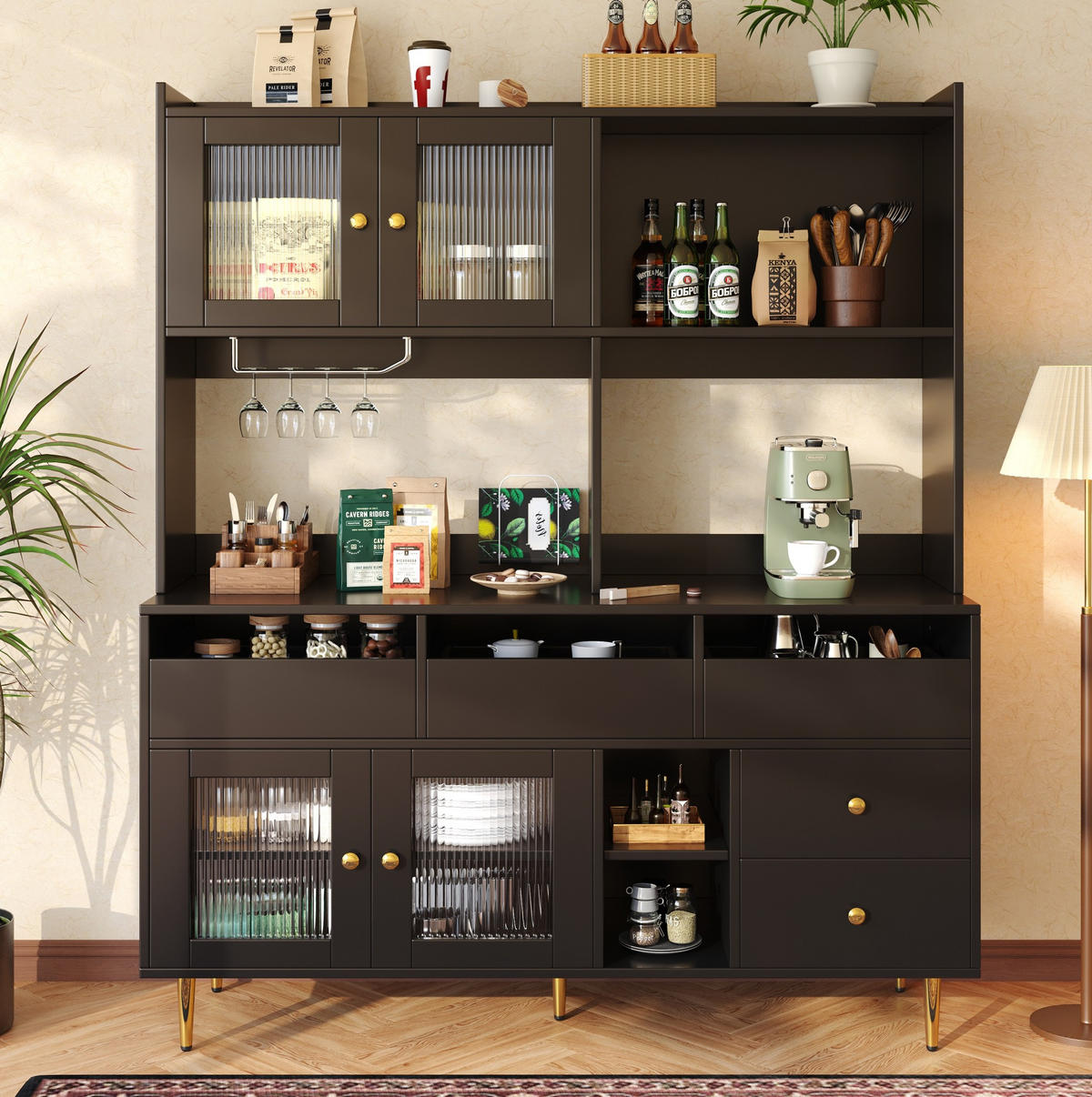 SIDEBOARD 145/39/171 cm schwarz aus MDF mit Glastüren und Weinregal - Schwarz, Holzwerkstoff (39/171/145cm) - OKWISH