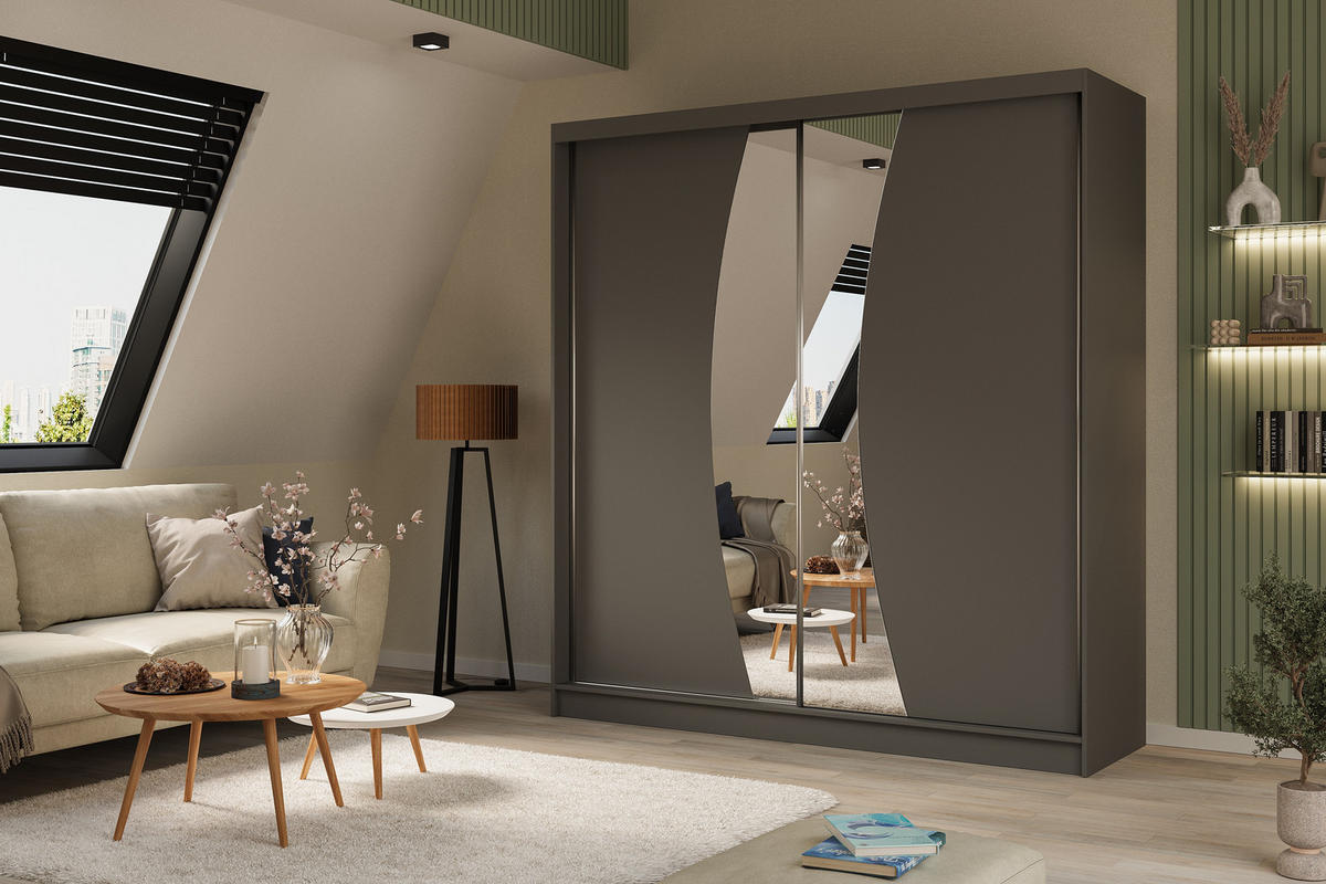 KLEIDERSCHRANK mit Spiegel-Schiebetüren und Aluminium-Leisten, LED-Beleuchtung (- VOXI - 200 cm Grau - Grau, Holzwerkstoff (200/216/61cm) - ALTDECOR