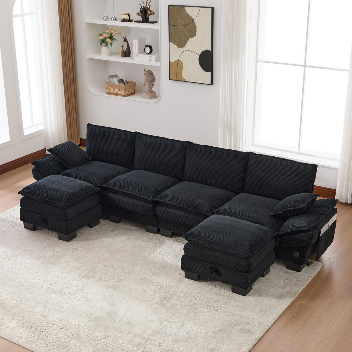 WOHNLANDSCHAFT Cord Schwarz mit USB-C und mit 2 Hocker - Schwarz, Holzwerkstoff/Kunststoff (330/84/132cm) - WISHDOR