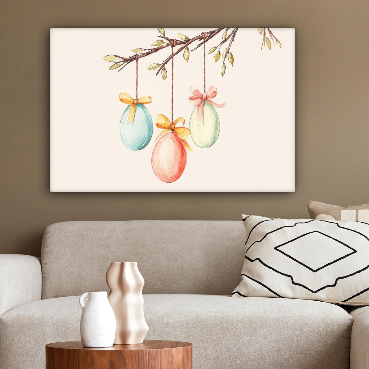 LEINWANDBILD Osterkuchen - Schleife - Eier Wanddeko 90x60 cm - Creme, Textil (90/60cm) - MuchoWow