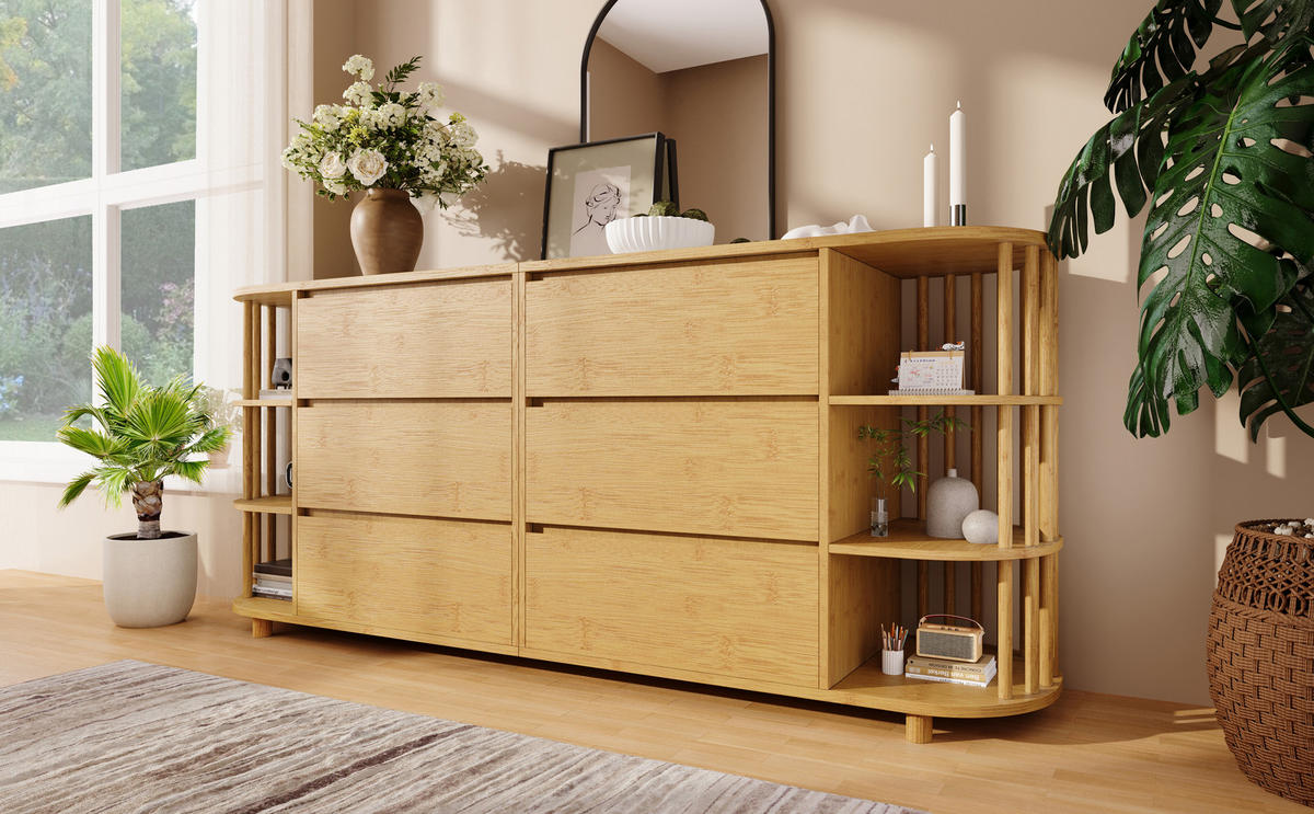 SIDEBOARD in Eiche-Optik mit 6 Schubladen, Bambusregalen und höhenverstellbaren Füßen, 160/40/75 cm,Eichefarben - Eichefarben, Holzwerkstoff (160/75/40cm) - Redom
