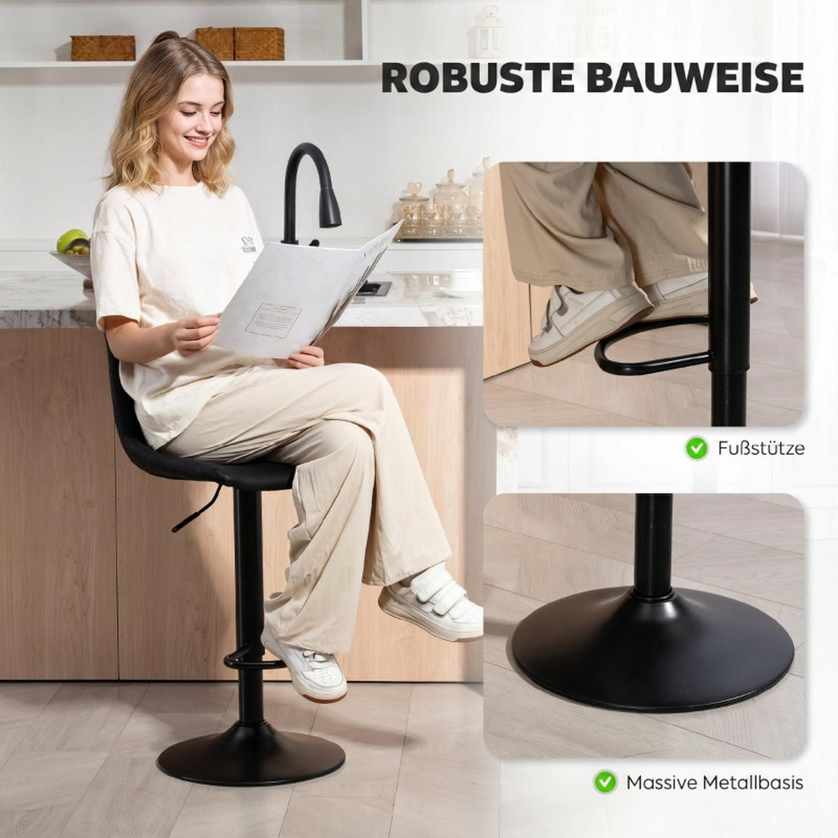 BARHOCKER DE-36070 2er Set mit Mikrofaserbezug Schwarz - Schwarz, Metall (43/110/46.5cm) - ComfortXL
