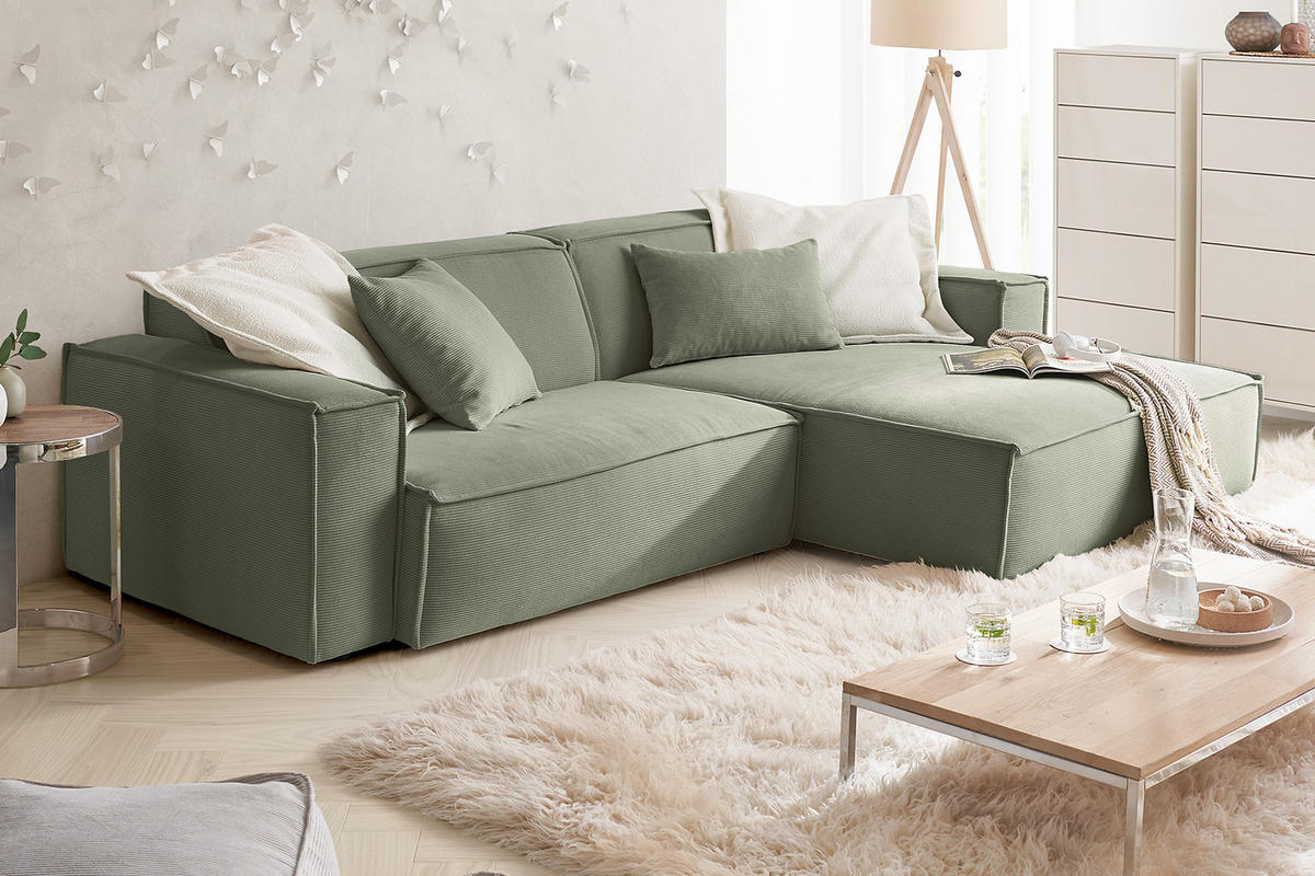 ECKSOFA SAMU Hellgrün Cord - Schwarz/Hellgrün, Textil (276/168cm) - KAWOLA