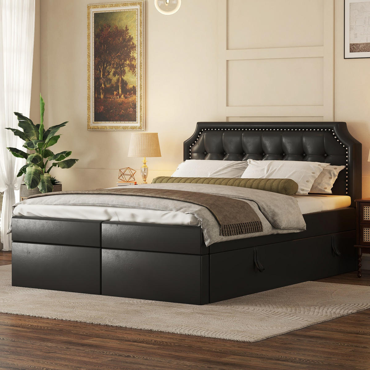 POLSTERBETT 140/200 cm Schwarz mit großem Stauraum und Lattenrost - Schwarz, Leder (140/200cm) - OKWISH