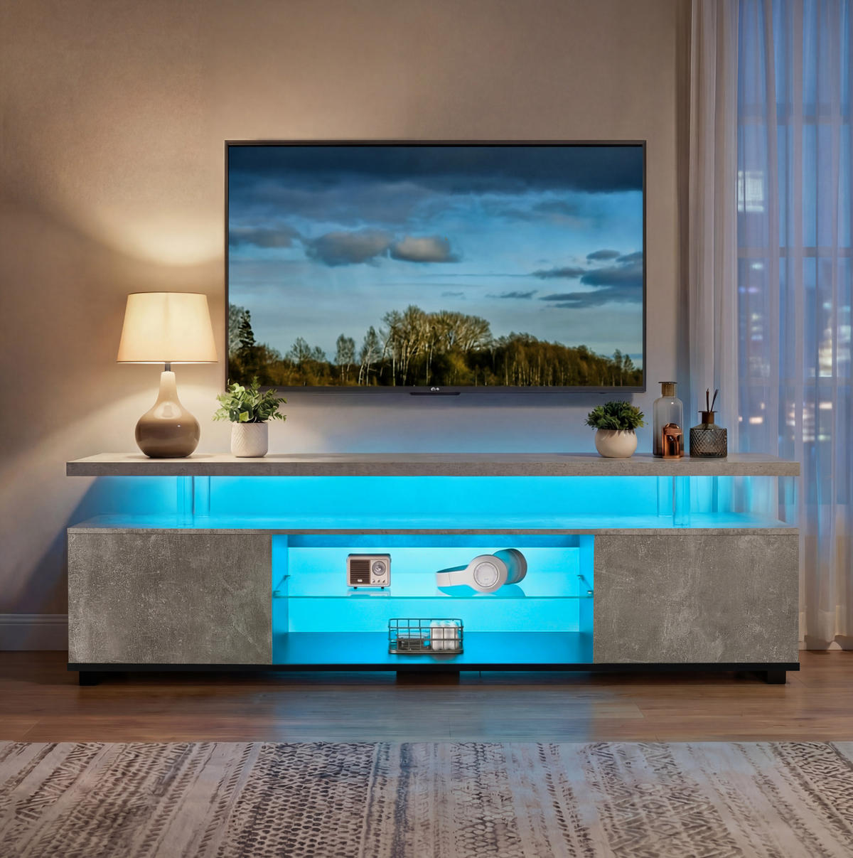 TV-BOARD 130/40/48 cm grau/schwarz aus Holzwerkstoff mit LED-Beleuchtung - Schwarz, Holzwerkstoff (130/48/40cm) - OKWISH