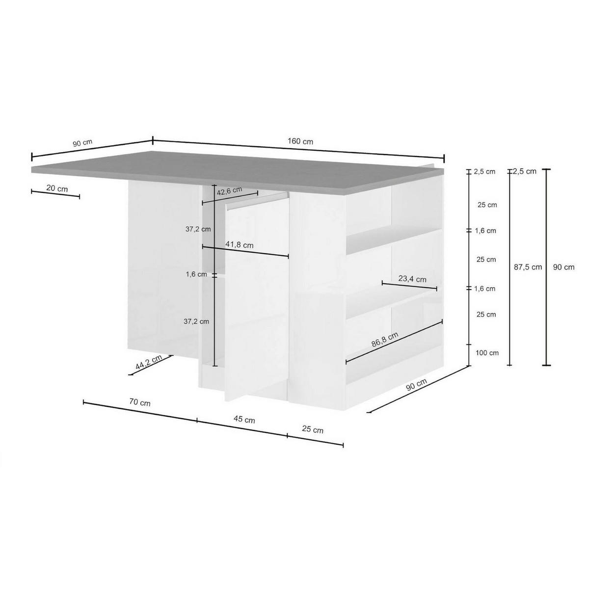 KÜCHENINSEL Glänzendes Weiß, Schiefer 90/160/90 cm - Schieferfarben/Weiß, Holzwerkstoff (160/90/90cm) - DMORA