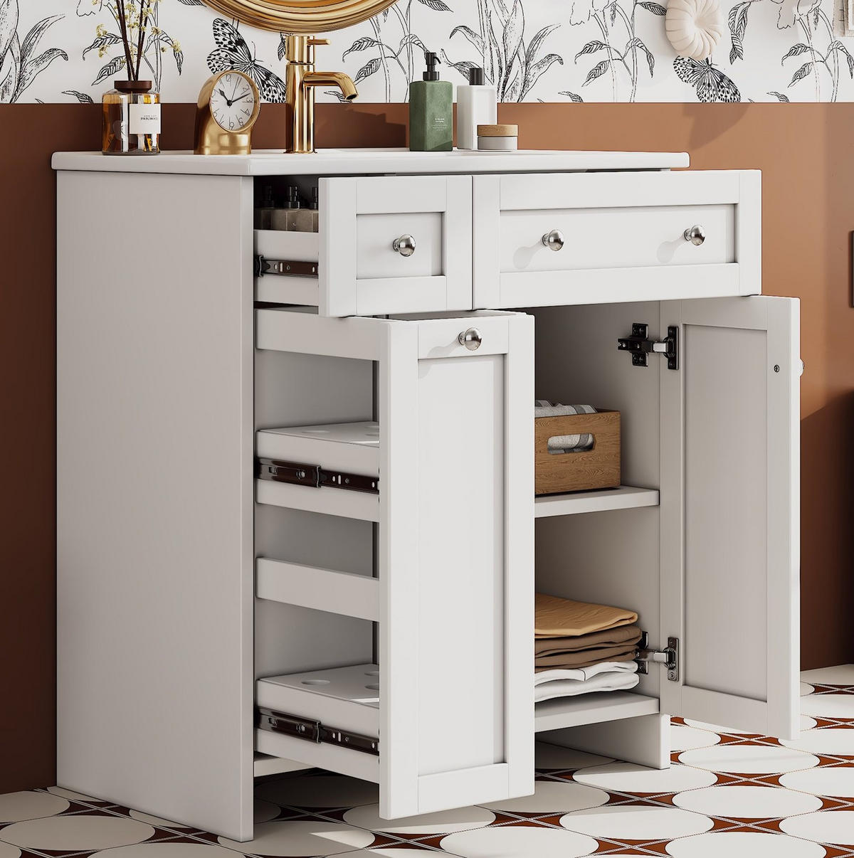 WASCHTISCH Keramik & MDF 76x47x86 cm Weiß freistehend mit Stauraum und Soft-Close - Weiß, Keramik (76/86/47cm) - Modfu