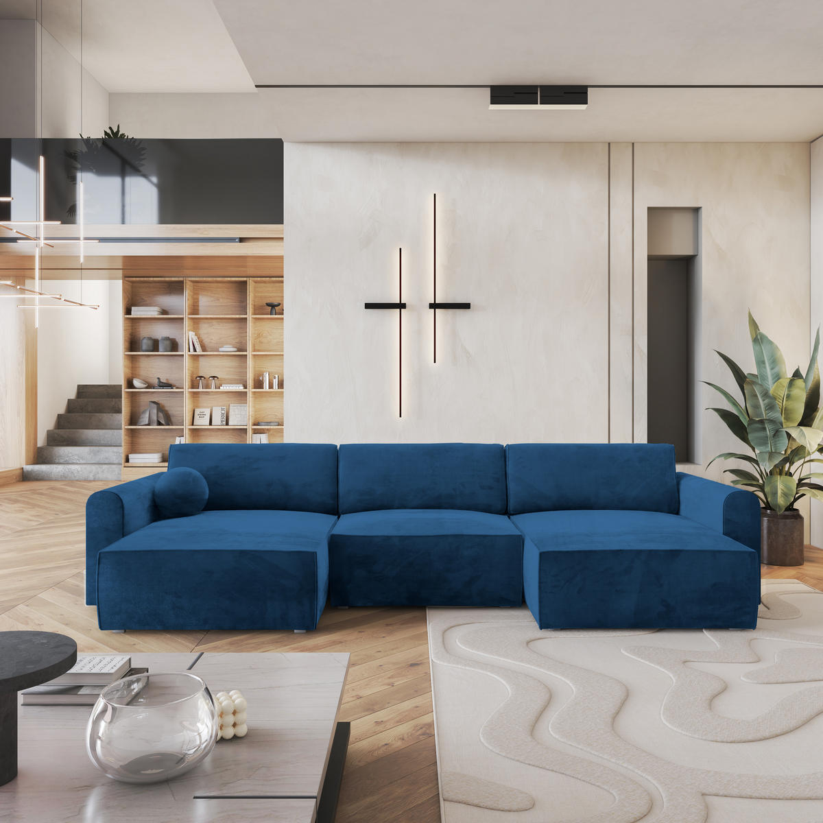 ROHOVÁ SEDAČKA FENTO modrá - šedá/modrá, dřevo/textil (347/148cm) - MASSENO