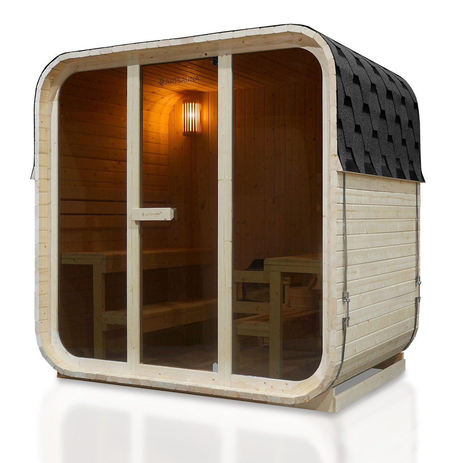 FASSSAUNA Fjora mit 9 kW Saunaofen (6 Personen) - Naturfarben, Holz (228/225/180cm) - Artsauna