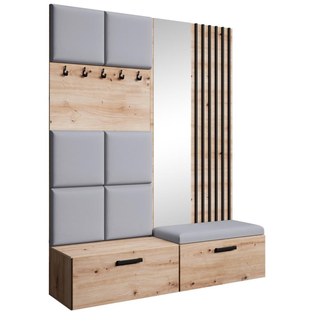 Beautysofa PŘEDSÍŇOVÁ sestava Margaret I+II 162/203/43 s čalouněnými panely / lamelami / zrcadlem, dub artisan|černá