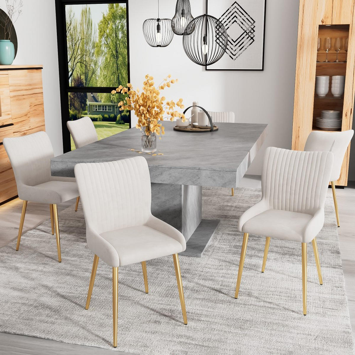 STUHL SET 6 Stück in Grau Samt mit Silberne Metallstützbeinen - Grau, Textil (58/85/47cm) - KOMHTOM