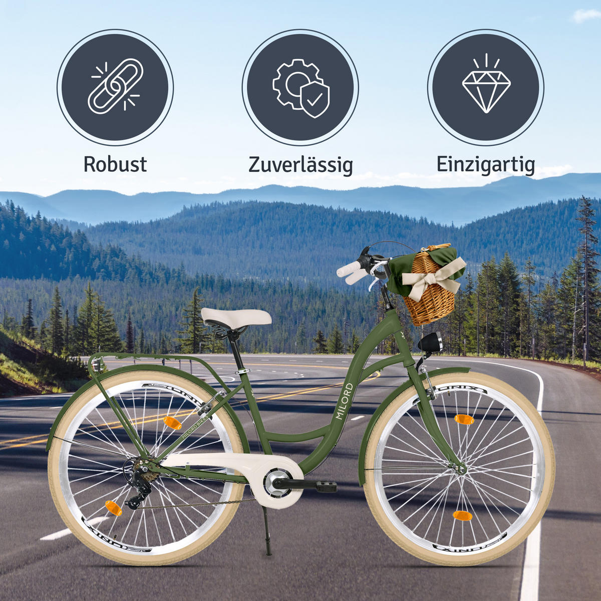 CITY-FAHRRAD Milord mit Weidenkorb, 28 Zoll, Khaki, 7-Gang - Grün, Metall (46cm) - Milordbikes