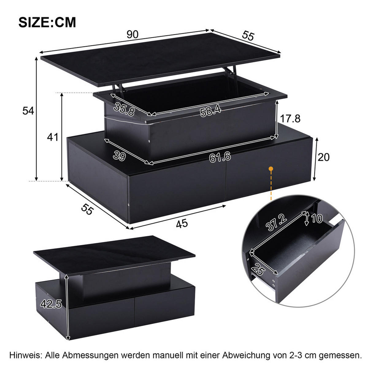 COUCHTISCH 90x55cm Schwarz Hochglanz LED 4 Schubladen Stauraum 30kg - Schwarz, Holz (101.6/65.53/12.7cm) - FLIEKS