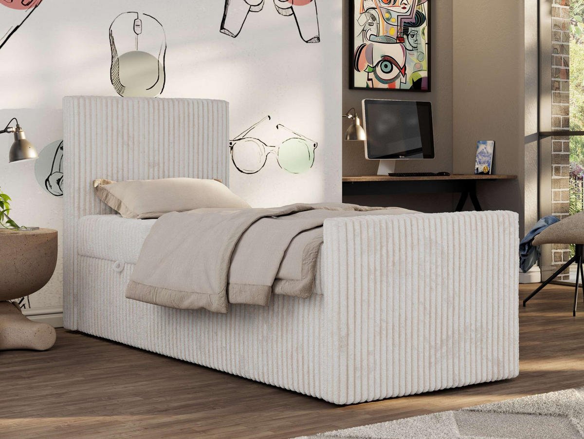 JUGENDBETT TILIO DUO 90/200 - Beige Cord - H3 - Links Seite - Beige, Textil (90/200cm) - MKS