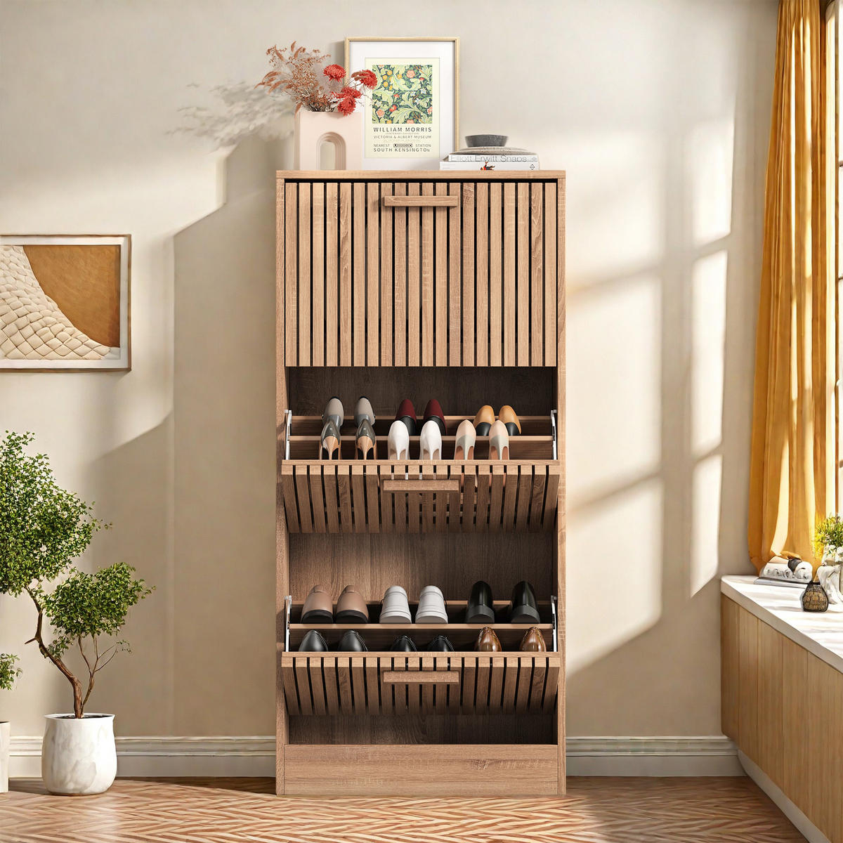 RATTAN-SCHUHSCHRANK mit 3 Türen, staub- und schmutzabweisend, Flurmöbel, 60 x 24 x 113 cm - Hellbraun, Holzwerkstoff/Metall (24/113/60cm) - GENKI LIVING