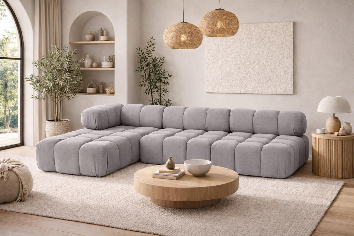 ECKSOFA L-Form Modulare, Veloursstoff Salvador, Grau, Links, Selia - Grau, Holz (285/160cm) - Kaiser Möbel