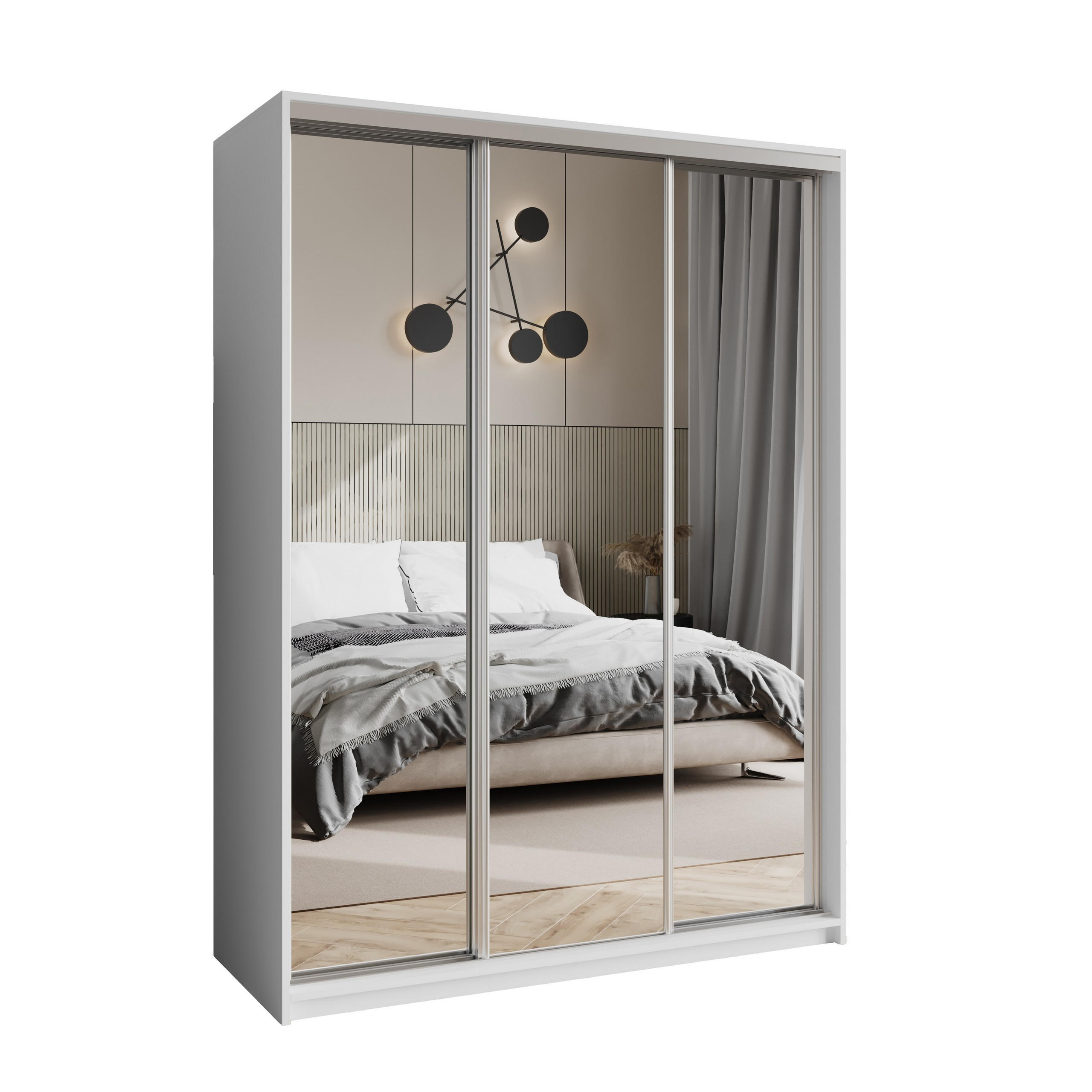 SCHWEBETÜRENSCHRANK RIEN 150/205/60 cm 3-türig mit Spiegel Weiß - Weiß, Holzwerkstoff (150/205/60cm) - MASSENO