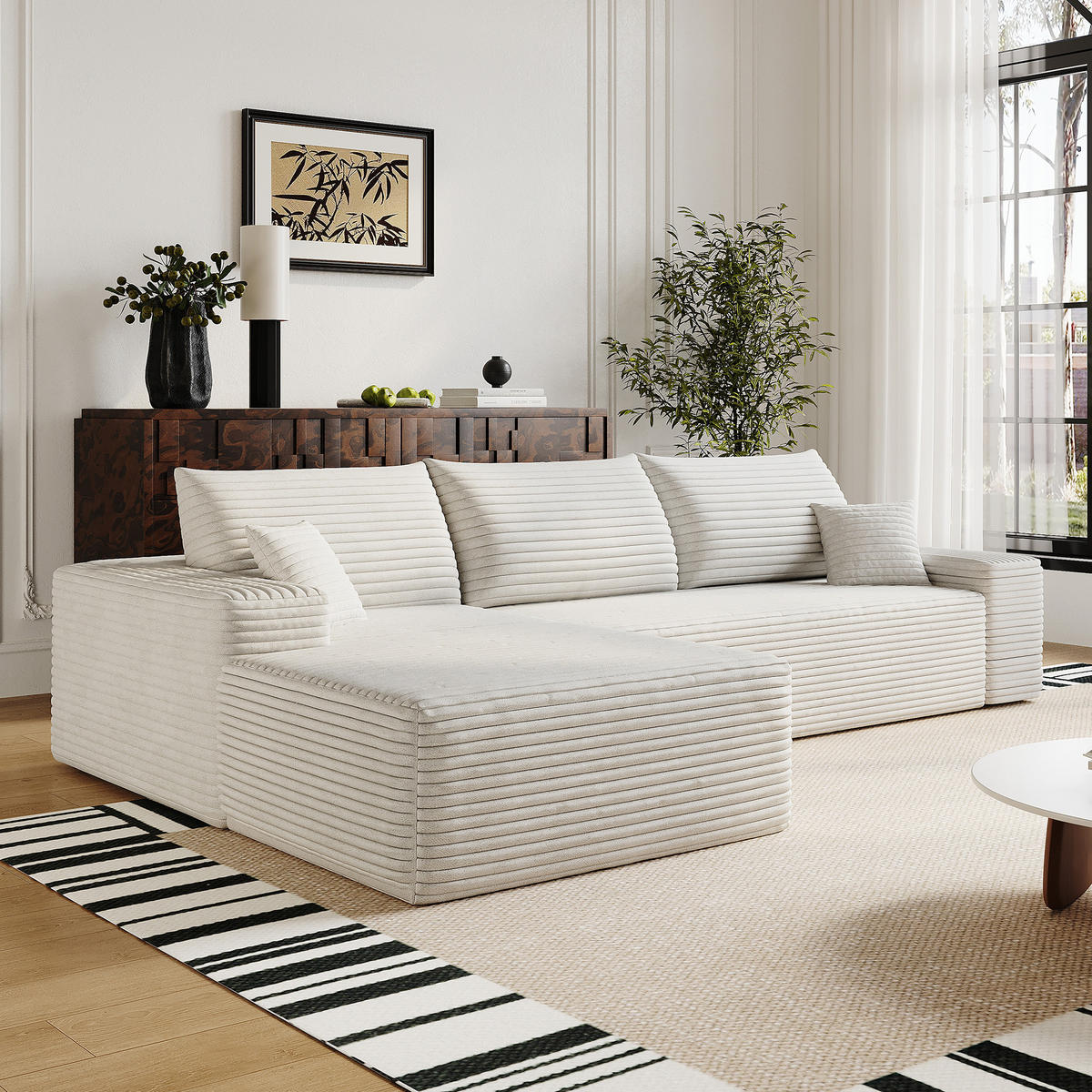 ECKSOFA 270/175/83 cm Weiß Cord mit Chaiselongue, Linke Seite - Weiß, Textil (270/175cm) - Oxeza