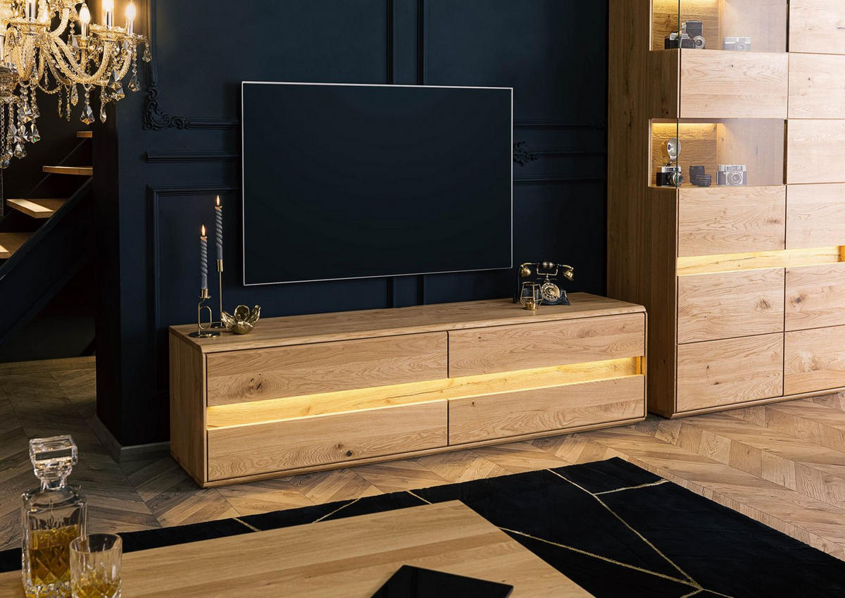TV-BOARD Wildeiche inkl. LED 184x43,5x47,5 natur geölt CARDIFF #141 - Naturfarben, Holz (184/48/44cm) - Massivmoebel24