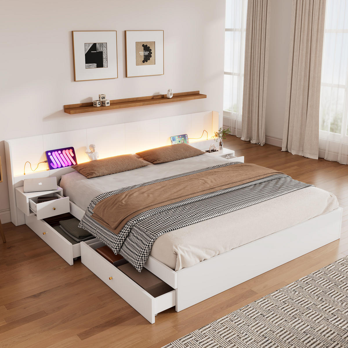 DOPPELBETT 180/200 cm Weiß aus MDF mit LED, USB und Stauraum - Weiß, Holzwerkstoff (180/200cm) - OKMYHOME