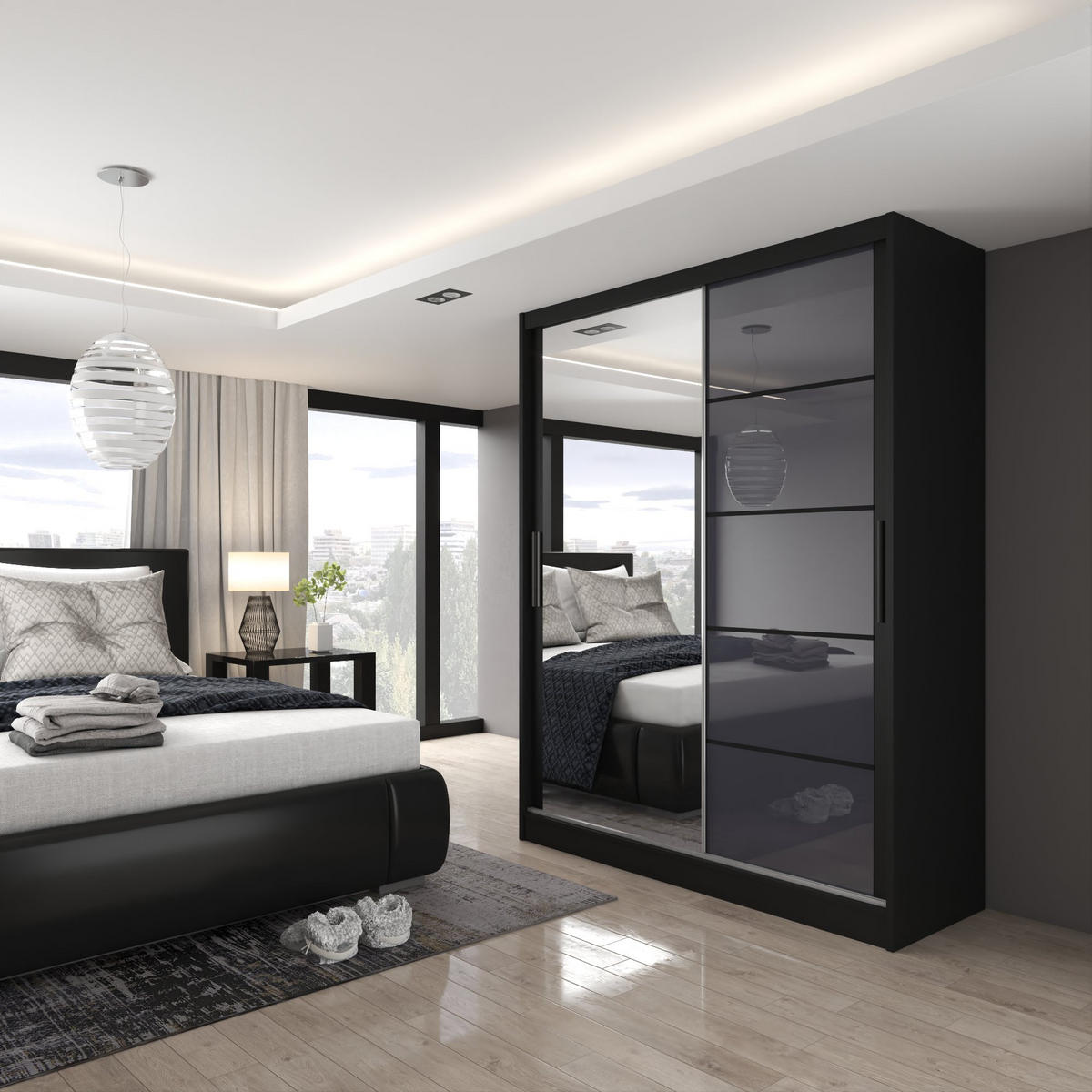 SCHWEBETÜRENSCHRANK Verona MGB, Schwarz/Grau Hochglanz, 133 cm, mit Spiegel - Grau, Holz (133/216/60cm) - B BELINI GROUP
