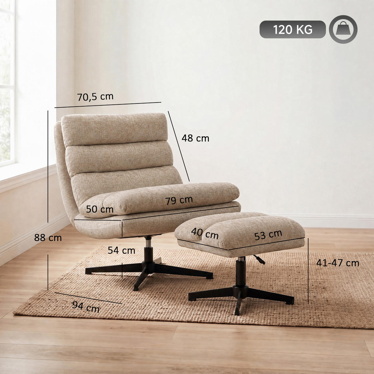 LOUNGESESSEL-MIT-FUSSHOCKER 2er Set Polyester Braun - Schwarz/Braun, Textil/Metall (79/88/94cm) - HOMCOM
