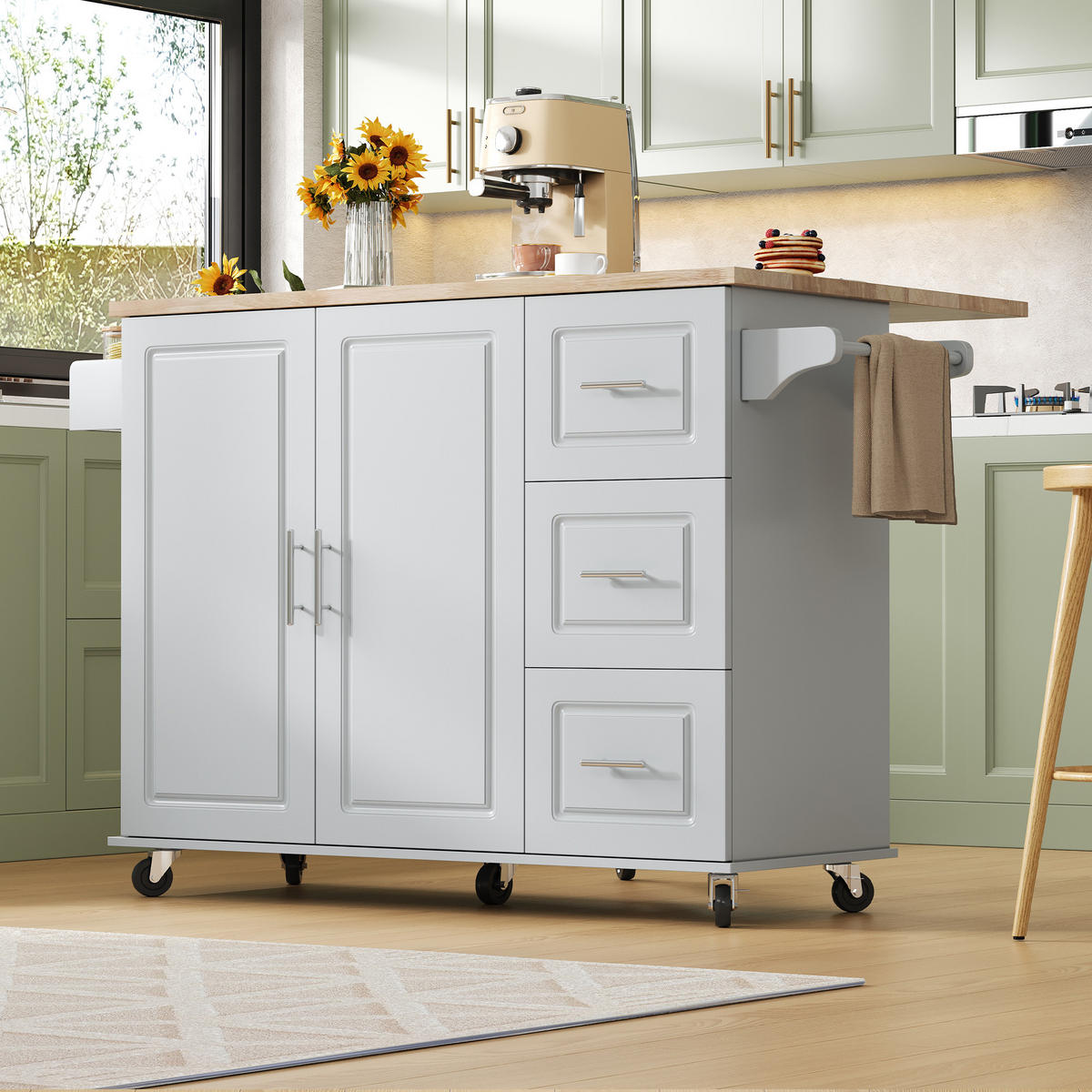 KÜCHENINSEL 137x76x92cm Grau mit Klappplatte, Schrank, 3 Schubladen & Rollen - Grau, Holzwerkstoff (137/92/76cm) - Modfu