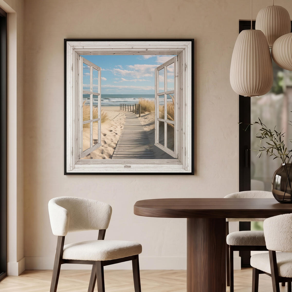 LEINWAND Bilder mit Rahmen - Fenster - Meer - Küste - Natur - Ausblick - Strand - Wattenmeer - 90x90 - Beige, Textil (90/90cm) - MuchoWow