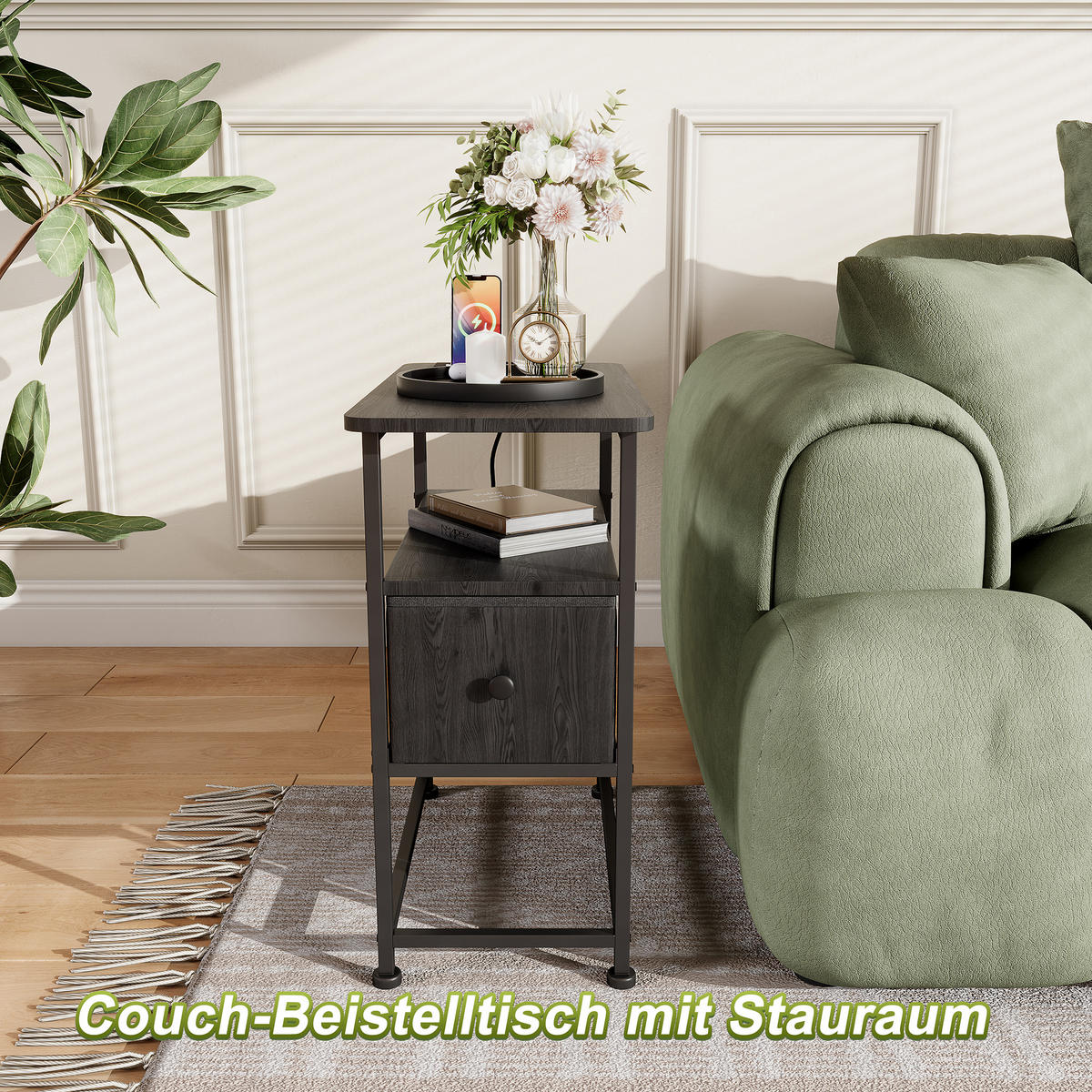 NACHTTISCH LED USB Schublade offene Fächer schwarz - Schwarz, Holz (60/62/30cm) - LEBENLANG